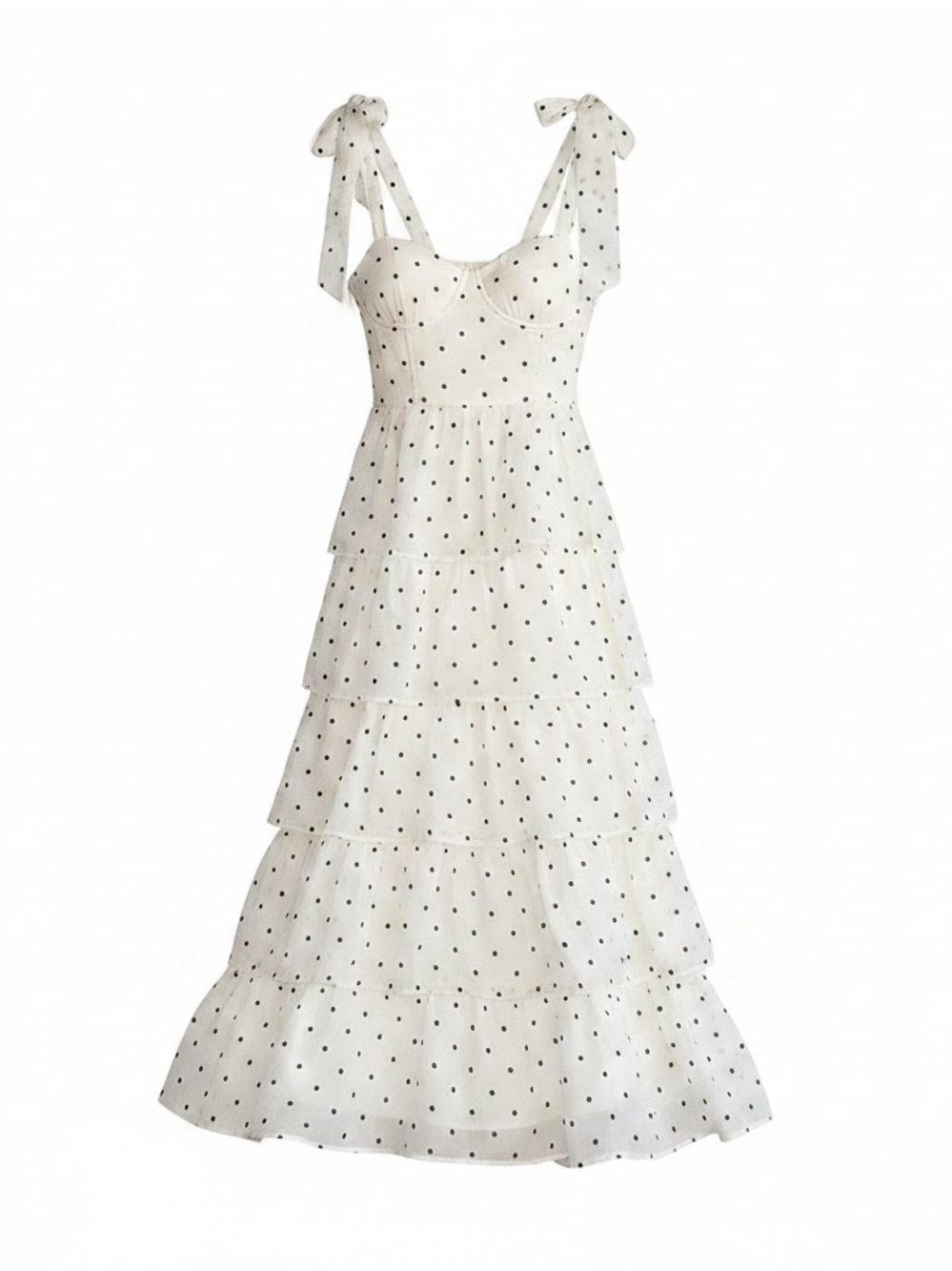 Tiered Polka Dot Tie-Shoulder Midi Dress - Ivory/Black